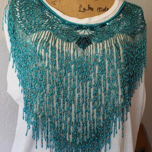 Turquoise Bead and Sequence, Silk Lined Top Halter / Shawl, one Size